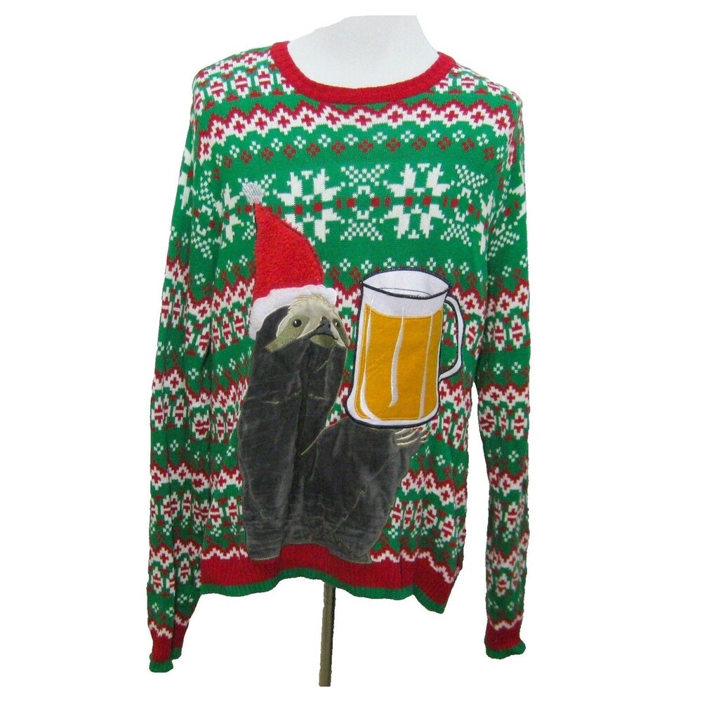 33 DEGREES Men's (Size XL) Green Red Ugly Christmas Sweater Sloth Beer Holiday
